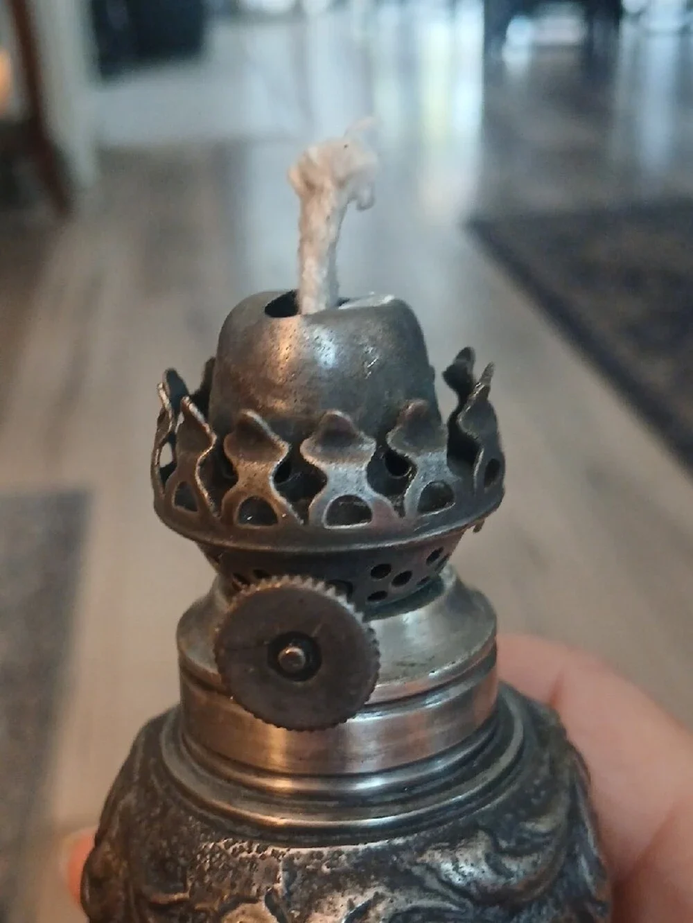 Restoration Hardware Antique-Style Silver Floral Table Oil Lamps - Pair